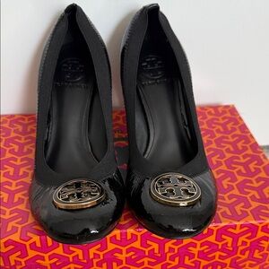 Tory Burch Black Patent Heels with Gold Emblem